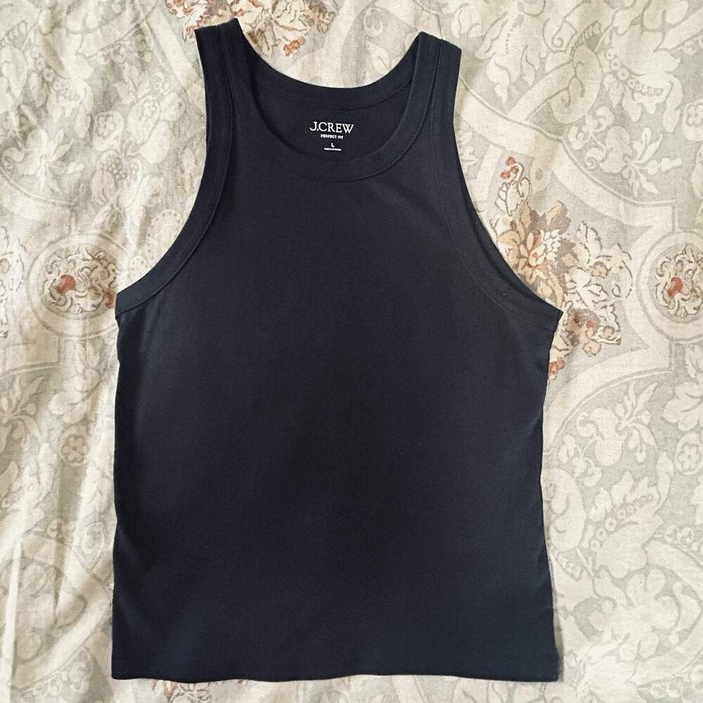 J Crew Perfect Fit High Neck Tank Top Size L Black Minimalist Capsule CS373